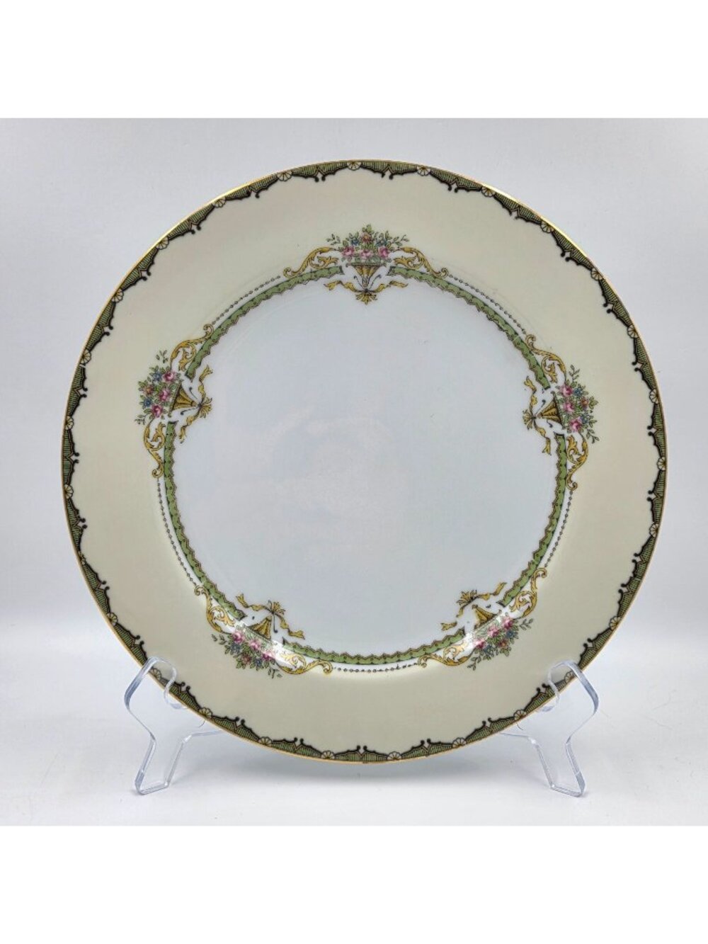 Noritake Penelope Single Dinner Plate Green Border Pink Roses Urn Gold Trim